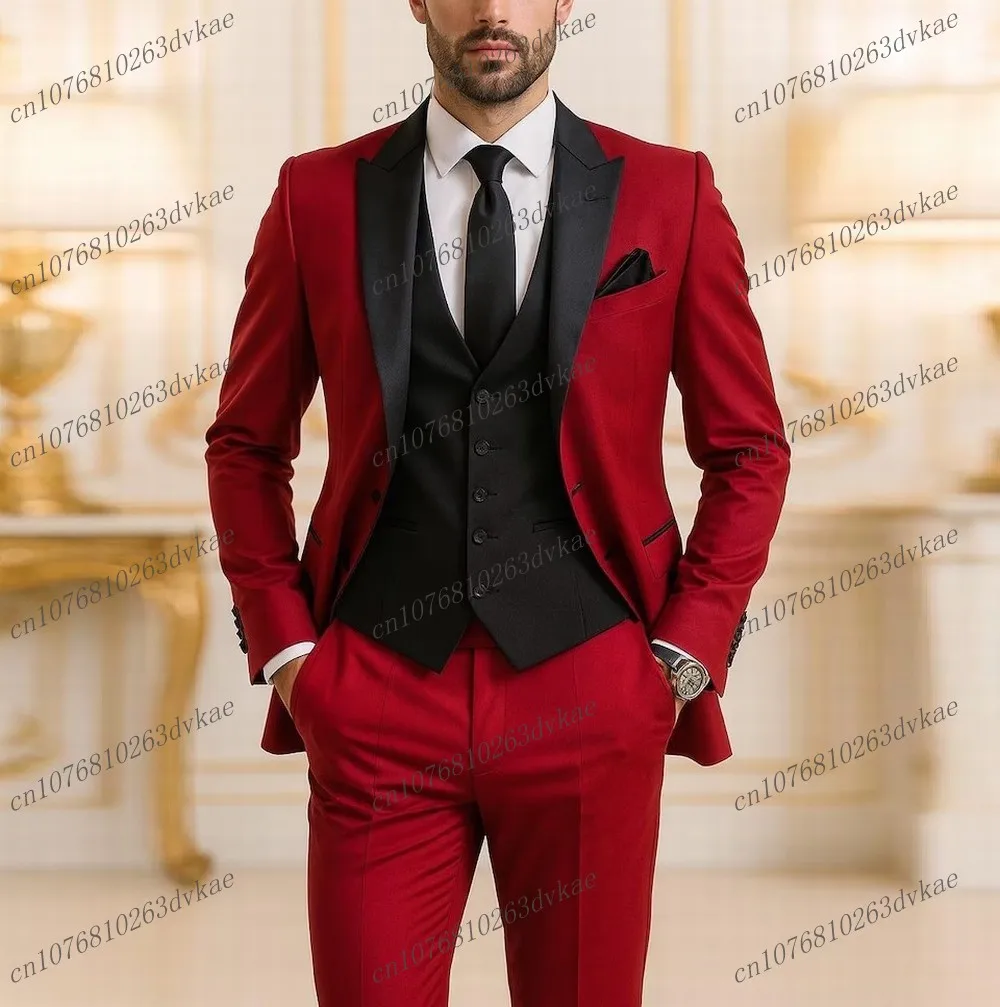 

New Red And Black Men Suit Wedding Party Formal Groom Groomsman Prom Business Male Tuxedos 3 Piece Set Jacket Vest Pants