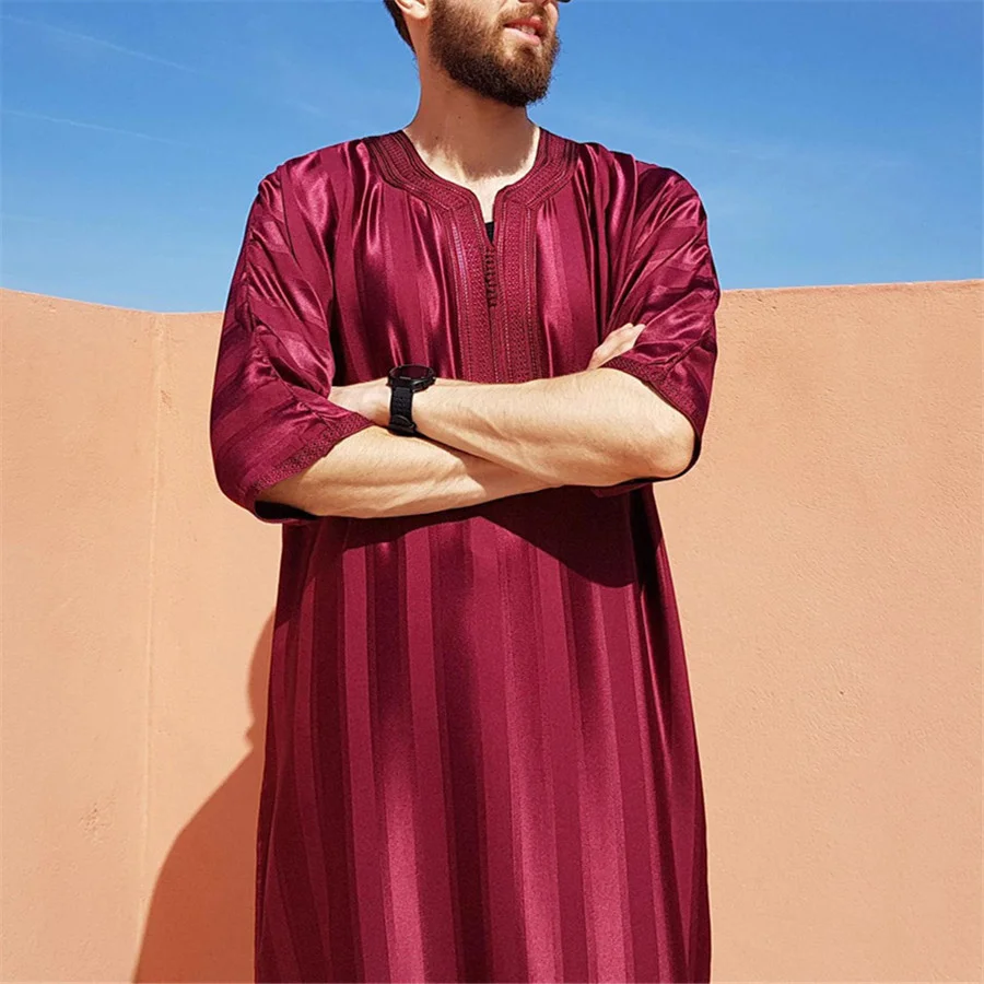 Baju Abaya Muslim Arab pria biru pakaian Islami pria bordir Jubba Thobe Dubai Ramadan Kaftan jubah panjang doa Lebaran