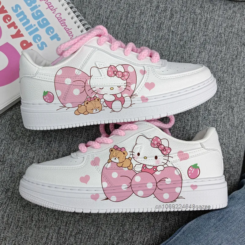 Sanrio Hello Kitty Anime Hand Painted White Shoes Autumn Winter New Sports Fashion Board Shoes Korean Version Versatile Sneakers