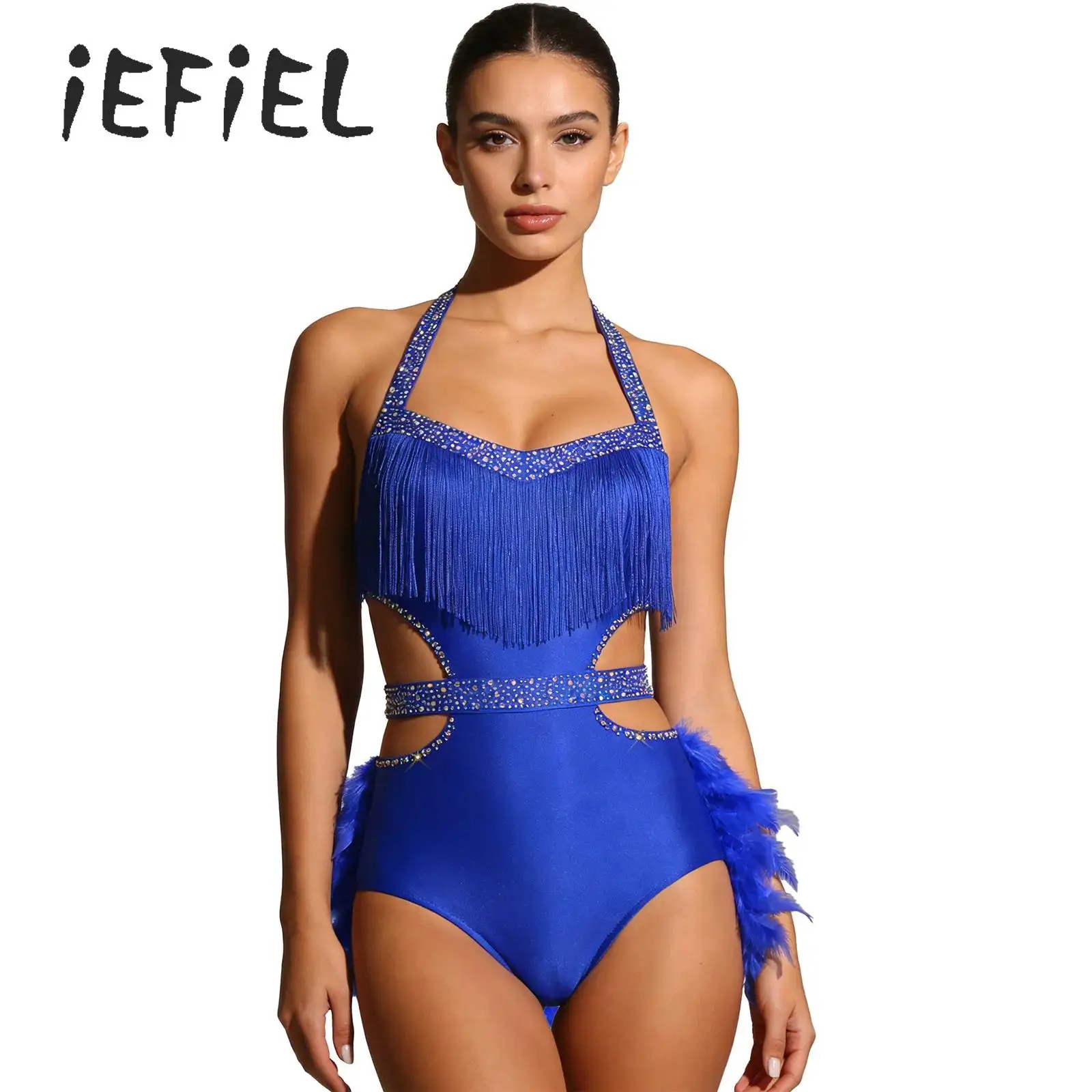 

Sexy Cutout Waist Jazz Latin Leotard Dance Costume for Women Lady Halter Sleeveless Rhinestones Feather Skirted Bodysuit Unitard