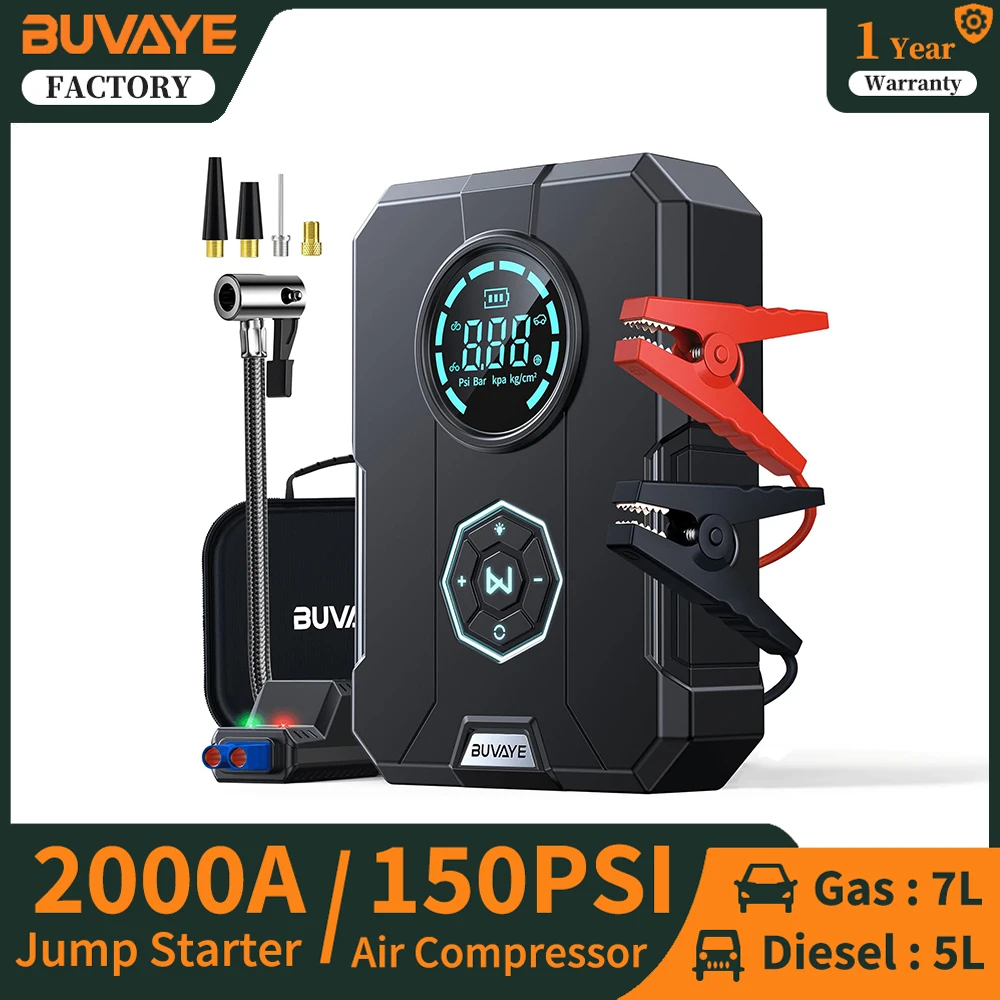 

BUVAYE Car 2000A Jump Starter 150PSI Air Compressor 8000mAh Power Bank 12V Battery Booster 4-In-1 Electric Pump with LED Light