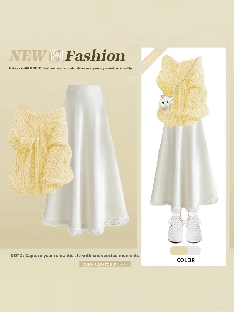 

Sweet Knitted Sweater High Waist Skirt Two Piece Set plus Size Women's Fashionable Winter Advanced Feeling Outfit