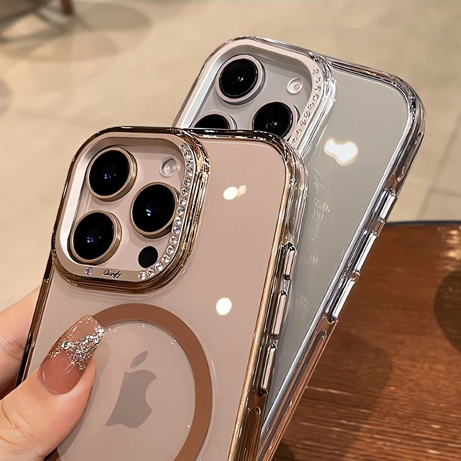 حافظة لهاتف آيفون 16 برو ماكس ذهبية شفافة Magsafe لهاتف آيفون 16 بلس 15 برو ماكس بلينغ الماس حماية العدسة غطاء مقاوم للصدمات