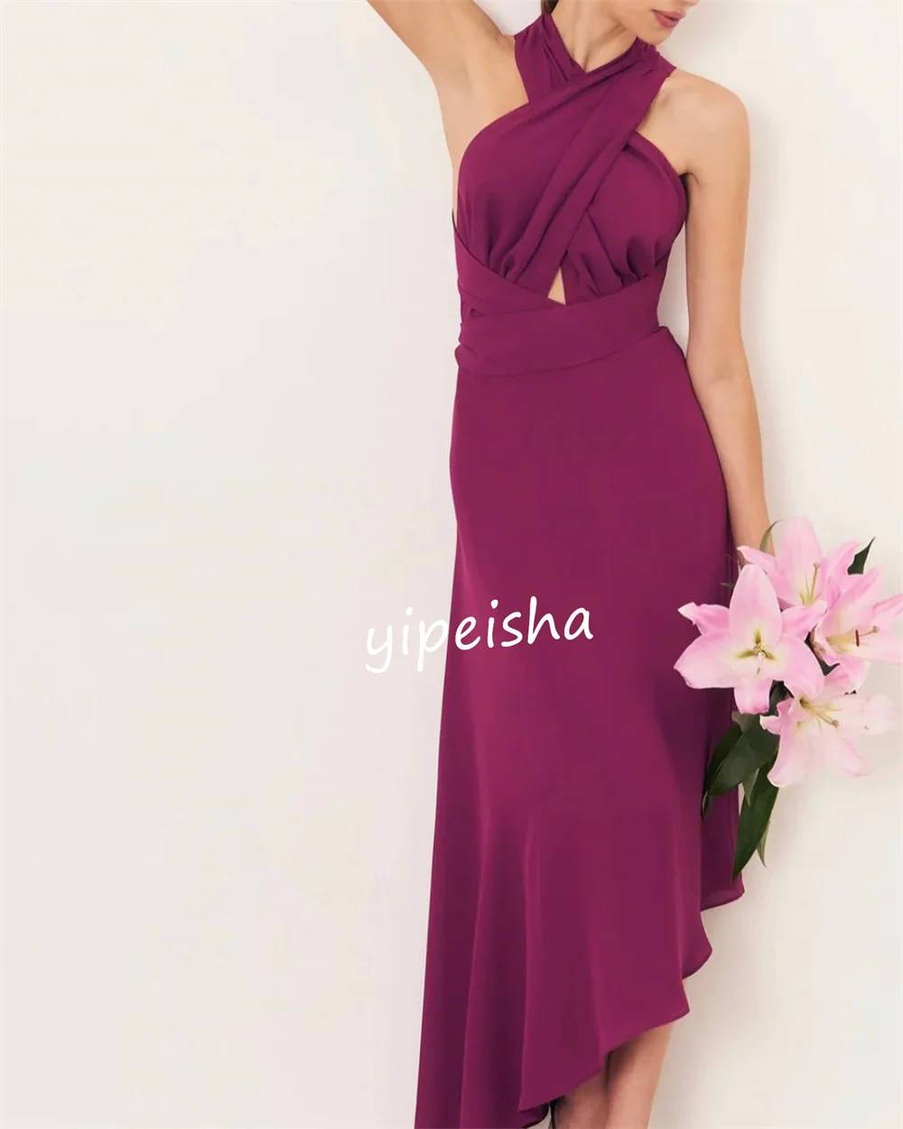 Customized Exquisite Jersey Pleat Criss-Cross A-line Halter Midi Dresses Evening Dresses High Quality Sexy Sparkle Sizes Availab