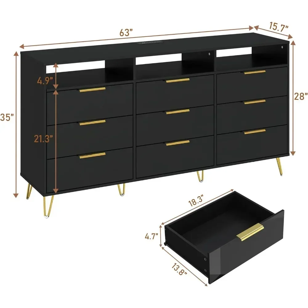 Black Dresser for Bedroom with LED Lights, 9 Drawer Dresser with Gold Legs, High Gloss Modern Wide Dressers & Chests of Drawers