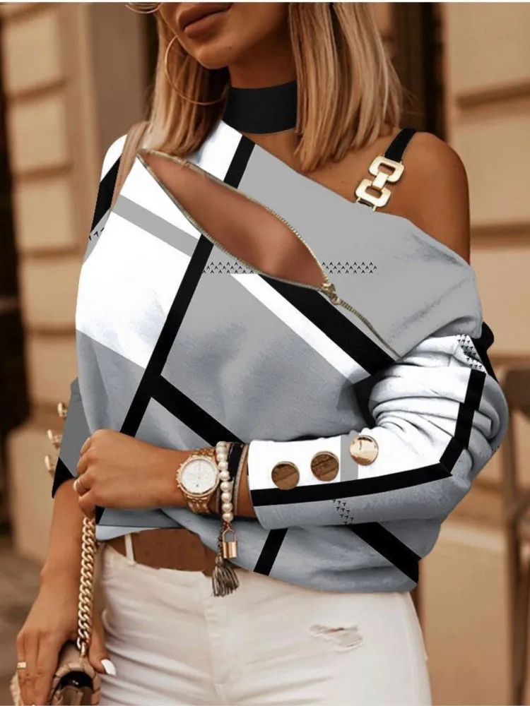 Chemisier à col licou à manches longues pour femmes avec fermeture éclair imprimée, chemisiers décontractés, dame de bureau élégante, mode sexy, Off