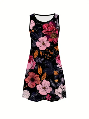 Imagen 2 del producto Vestido elegante sin mangas con estampado floral para mujer, vestidos vibrantes con diseño de flores de color rosa y naranja, perfectos para salidas informales, vestido floral