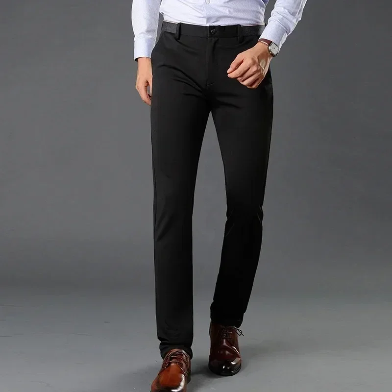 Korean Straight Pants for Men, Spring Quick Dry Suit Pants Stretch Solid Black Blue Smart Casual Trousers for Office and Leisure