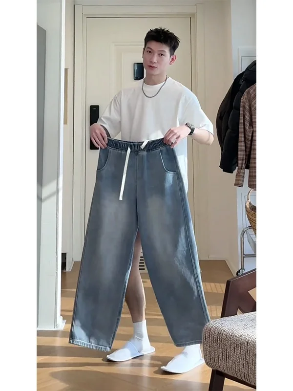 

Мужские джинсы в стиле ретро, синие, с эластичной талией, прямые, свободные, широкие, комфортные, модные, в корейском стиле