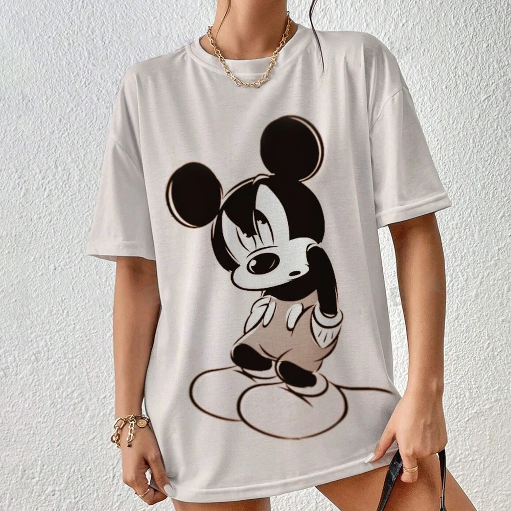 T-shirt imprimé Mickey Mouse pour femmes et hommes, mignon, à la mode, chemisiers pour dames, dessin animé Minnie, hauts féminins, vêtements Kawaii, 2024