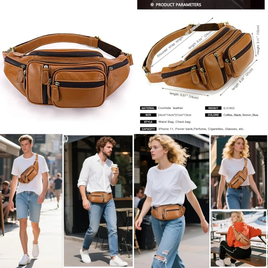 

Genuine Leather Fanny Pack large capacity Crossbody Waist Bag with Zipper phone Pockets