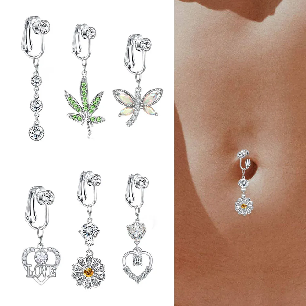 Faux Fake Belly Ring Heart Fake Belly Piercing Heart Clip On Umbilical Navel Fake Piercing Flower Leaves Chrząstka Klips do kolczyka