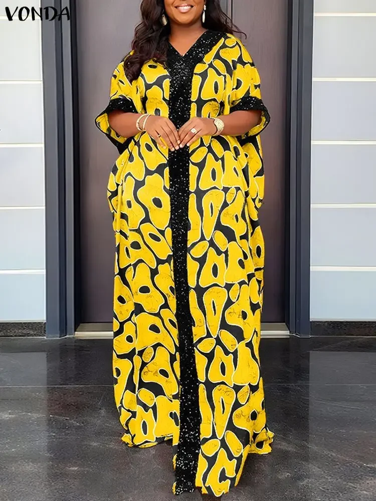 

VONDA Plus Size 5XL Women Bohemian Maxi Dress Elegant V-Neck Sequin Splicing Long Sundress Vintage Print Casual Fashion Robe