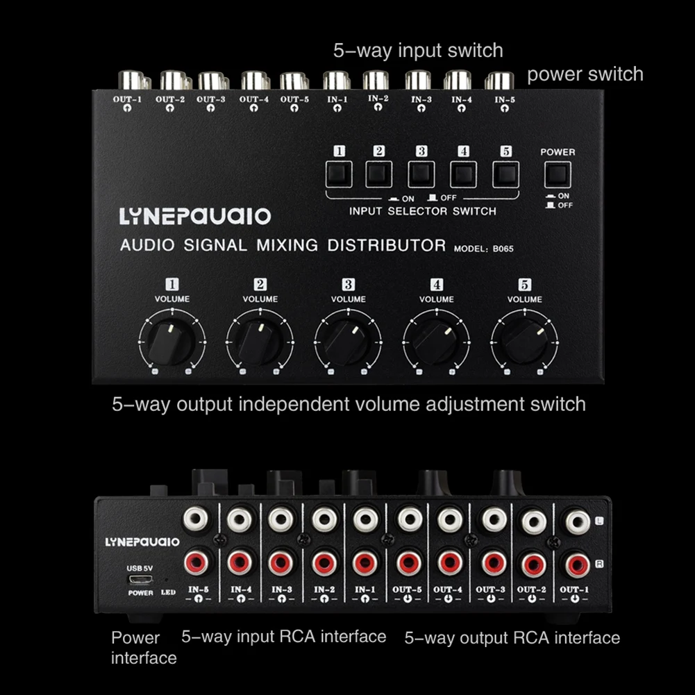 5 in 5 Out Audio Frequency Signal Select Sound Mixing Distribute Device/Input Independent Switch/ RCA Interface