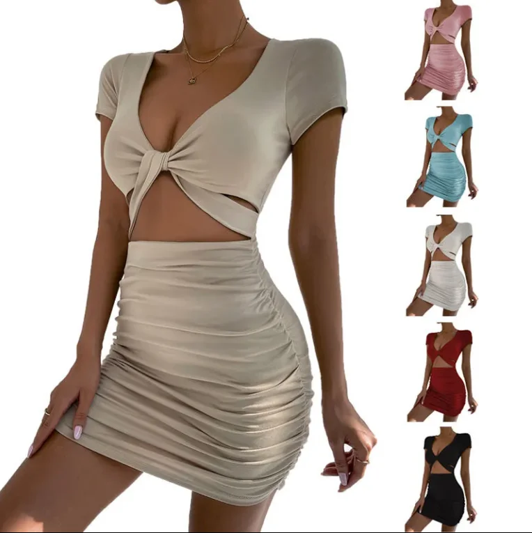 

Women's Sexy and Charming Dress 2025 Spring Summer Latest Short Sleeved Hollow Sexy V-Neck Waist Hugging Mini Dress Short Skirt