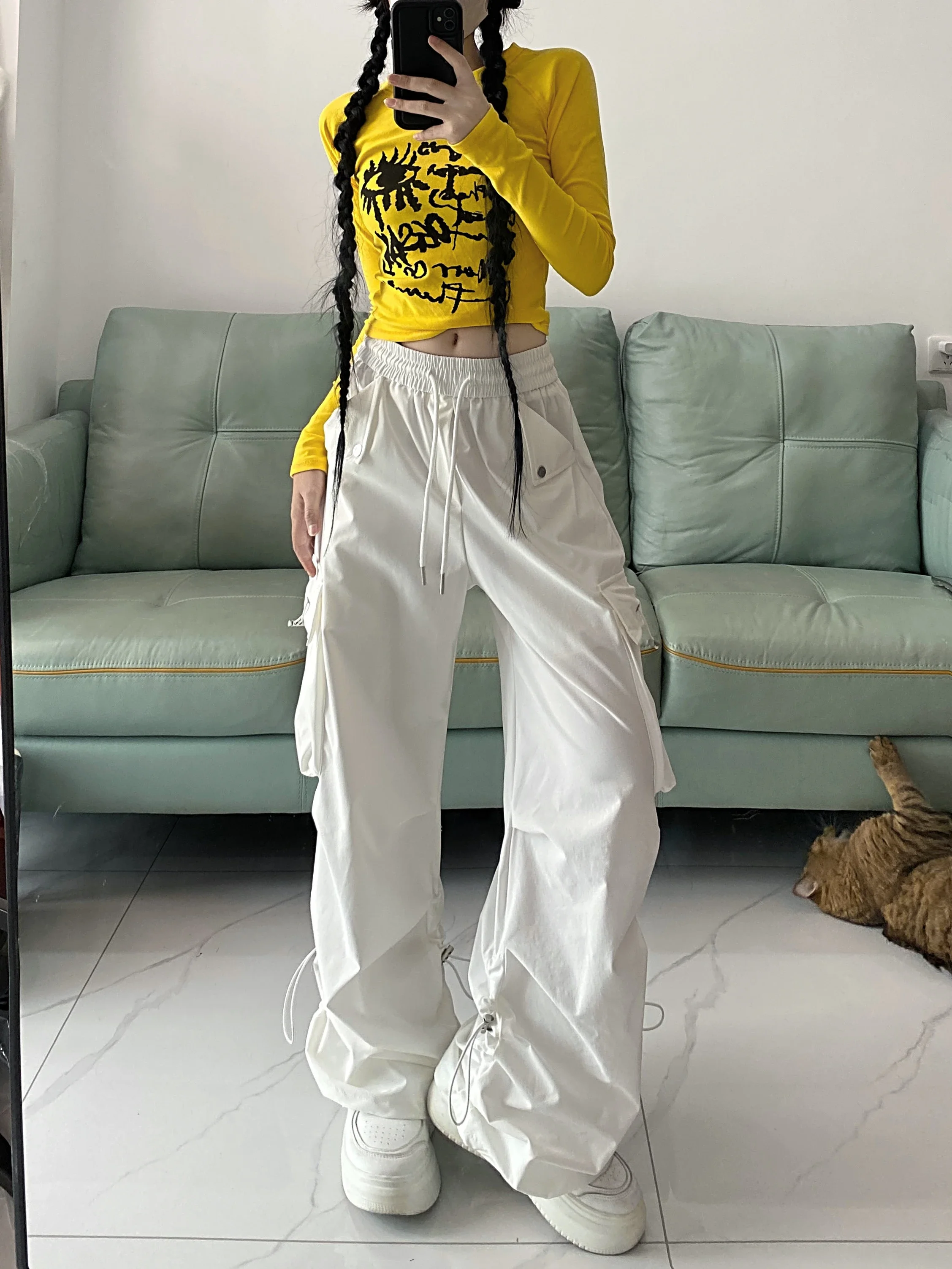 American style large pocket cargo pants women's spring summer new style wide leg pants loose slimming casual sports pants