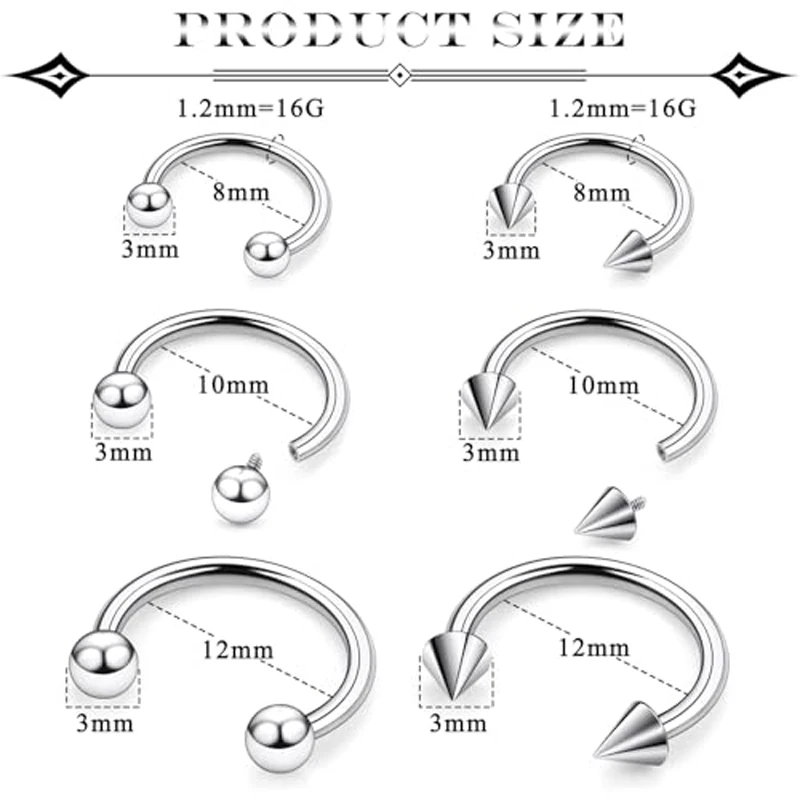 6pcs 16G Internally Threaded Surgical Steel Nose Septum Horseshoe Hoop Earring Eyebrow Tragus Helix Lip Rings Piercing Jewelry