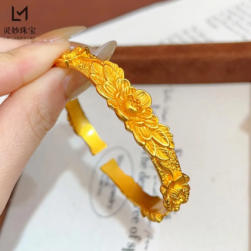 Cynlo Jewelry Heirloom Bangle Women's 24K Gold AU999 - Full Gold Open Bangle, Peony & Double Happiness Heritage, Family Treasure