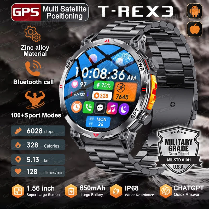 

2025 Military Smart Watch T-Rex 3 GPS Compass Altimeter Clock Heart Rate 1.56" AMOLED CHATGPT Call Sports Fitness Smartwatch Men