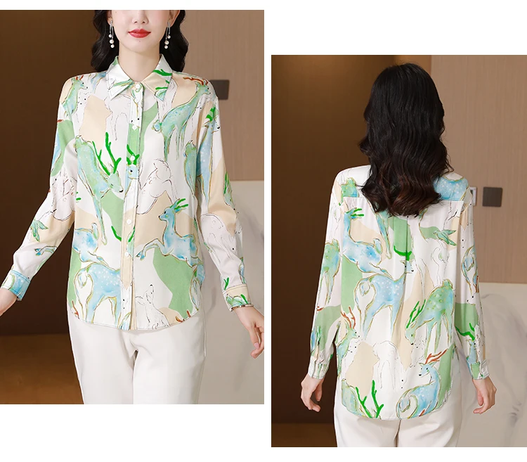 FANIECES S-3XL New In Autumn Women Shirts And Blouses High Quality Deer Green Print Long Sleeve Casual camisas de muje 브라우스여성의류