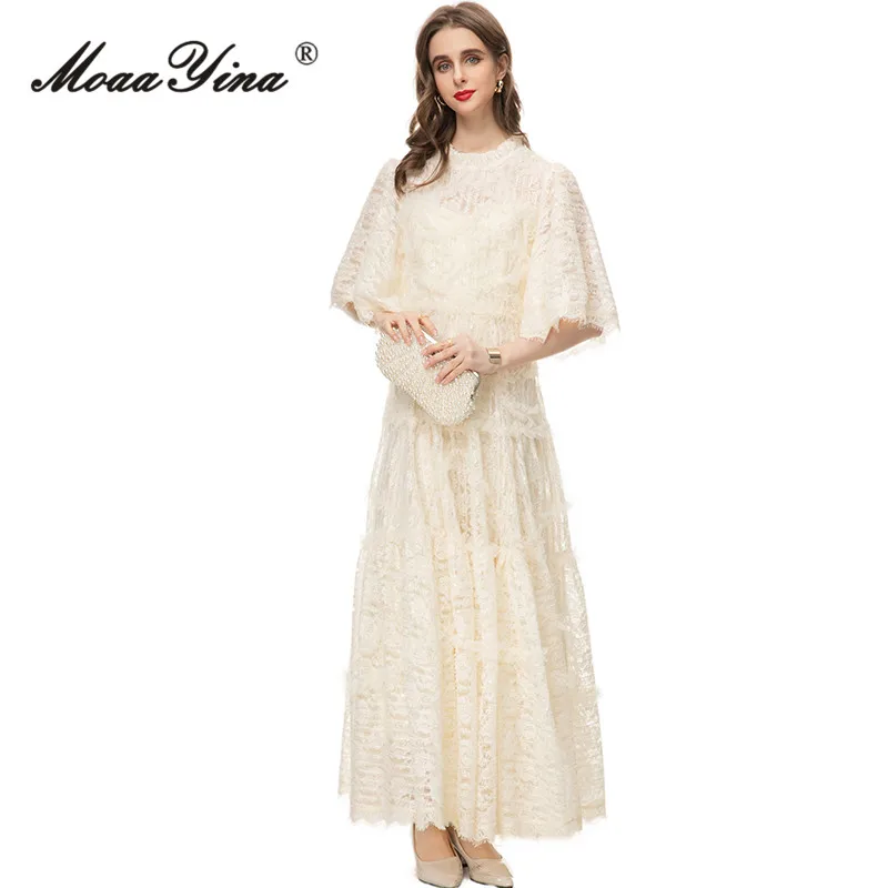 MoaaYina Spring Fashion Designer Beige Vintage Party Dress Women O Neck Half Sleeve Mesh Ruffles Lace High Waist Slim Long Dress