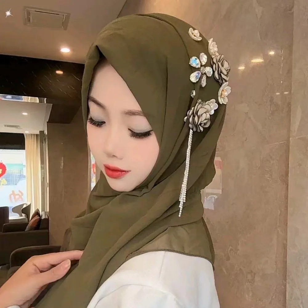 

Elegant Pearl Chiffon Head Wraps Long Solid Color Rhinestone Chiffon Scarf Breathable Full Cover Islamic Headscarf
