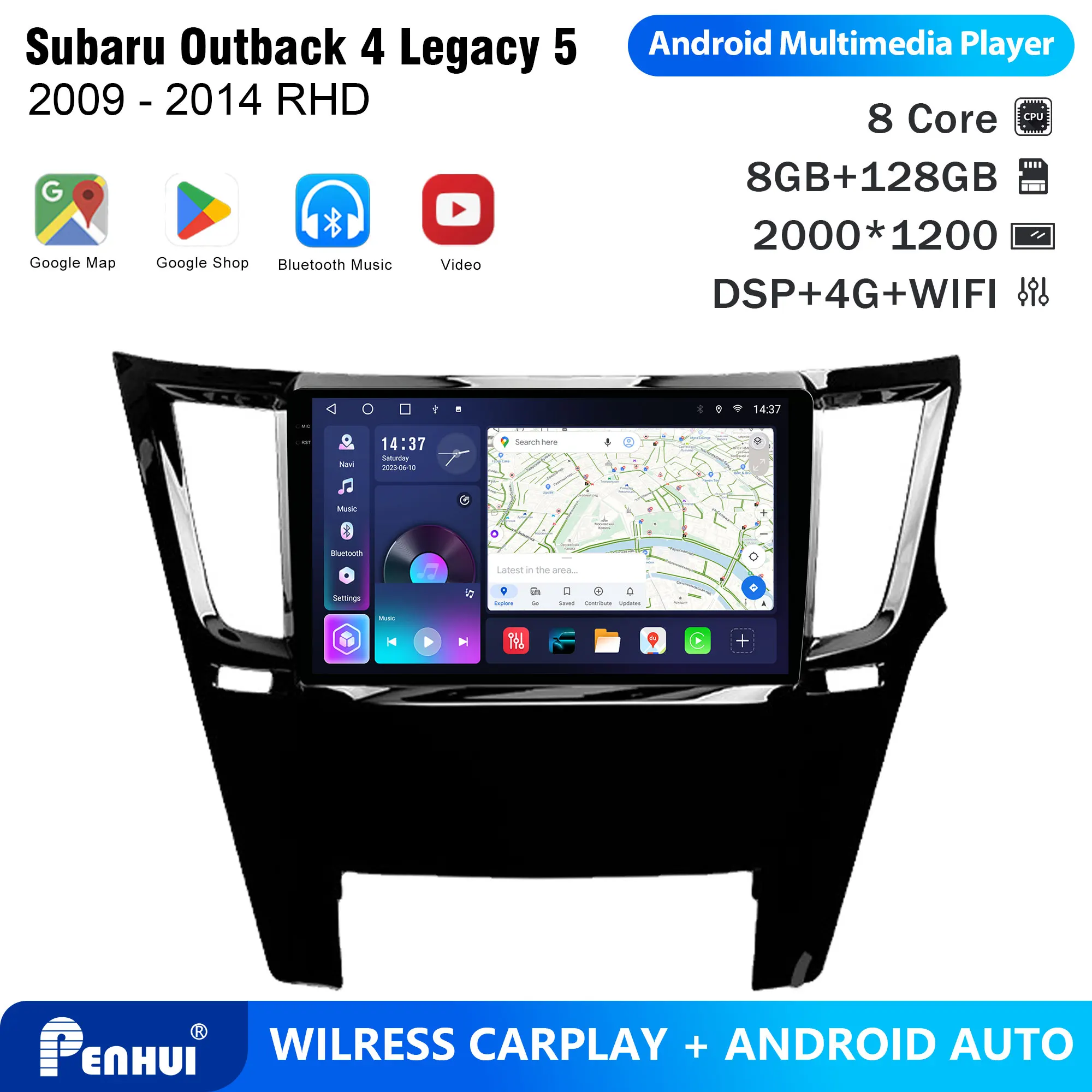 Penhui Android Car DVD Player 2 Din for Subaru Outback 4 Legacy 5 2009 - 2014 RHD Multimedia Screen with DSP, Bluetooth, CarPlay