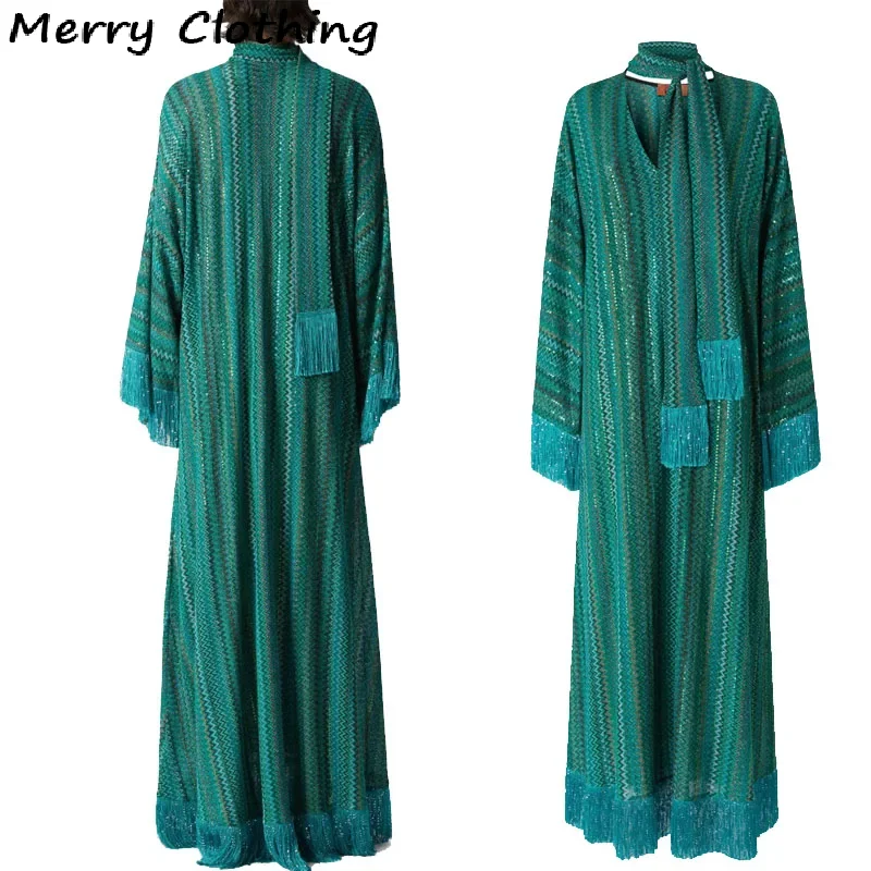 Elegant Tassel Hem Maxi Dress Women V-neck Long Sleeve with Scarf Loose Dresses 2026 NEW Spring Luxury Lady Party Evening Gowns image 6