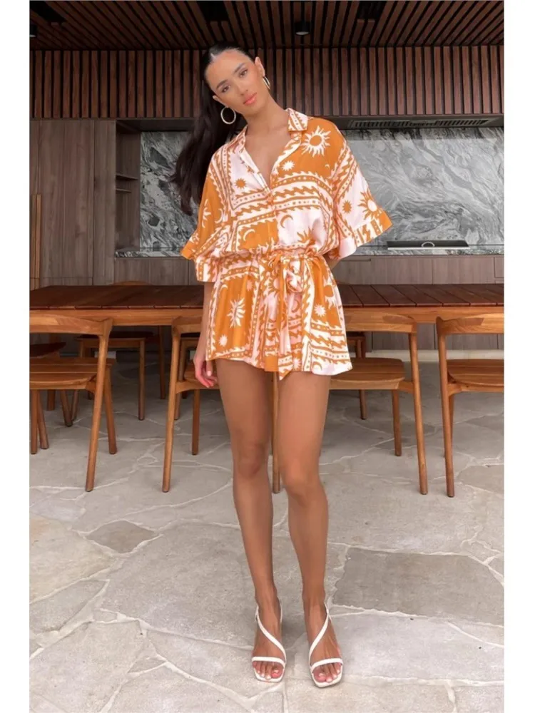 Fashion Printed Chic Jumpsuits Shorts Summer Women V-neck Casual Beach Vacation High Waist Leace-up Bodysuits Fashion Streetwear