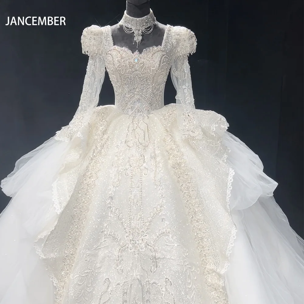 Robe de mariée à paillettes de luxe pour femmes, robe de Rhprincesse, col carré, perles perlées, manches longues, patients, quelle que soit la robe de mariée