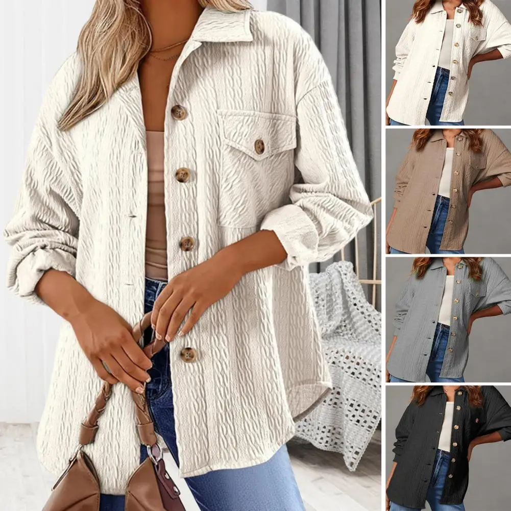 Rounded Hem Button-down Shirt Elegant Lapel Long Sleeve Shirt Jacket for Women Solid Color Twist Texture Oversized Fit Top