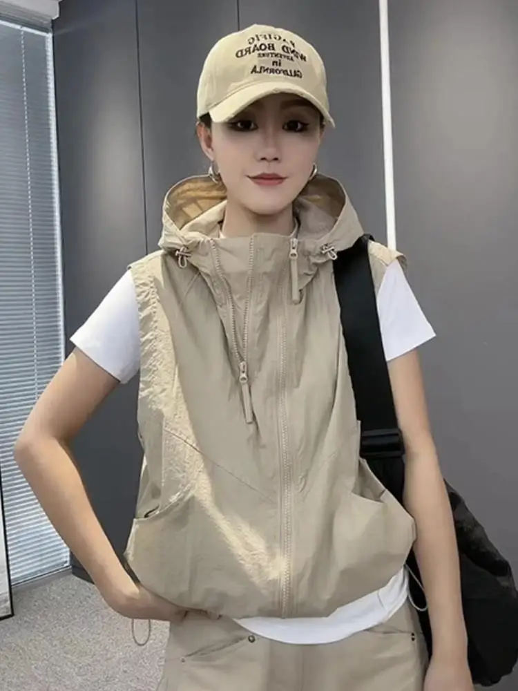 

Повседневный женский жилет с капюшоном и двойной молнией, маленького размера, летний, для отдыха и поездок на работу, из полиэстера