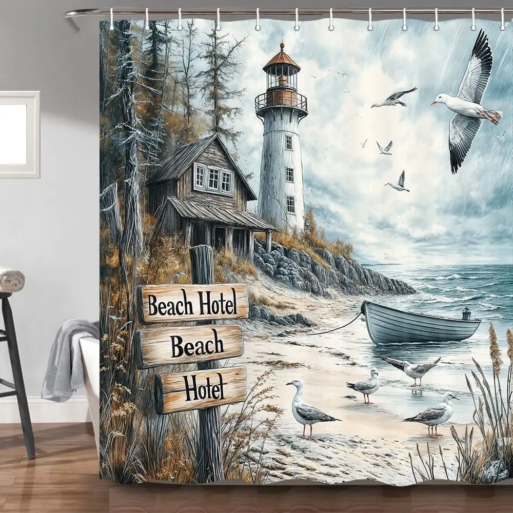 Waterproof Shower Curtain Lighthouse Beach Coastal Nautical Bathroom Decor Polyester Seaside Ocean Scene Curtain Home Accent