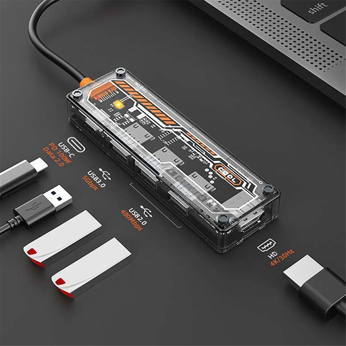 5 w 1 USB 3.0 Hub Stacja dokująca Adapter USB z USB2.0X2 USB3.0 PD100W USB-C 4K@30Hz do PC Laptop Telefon komórkowy