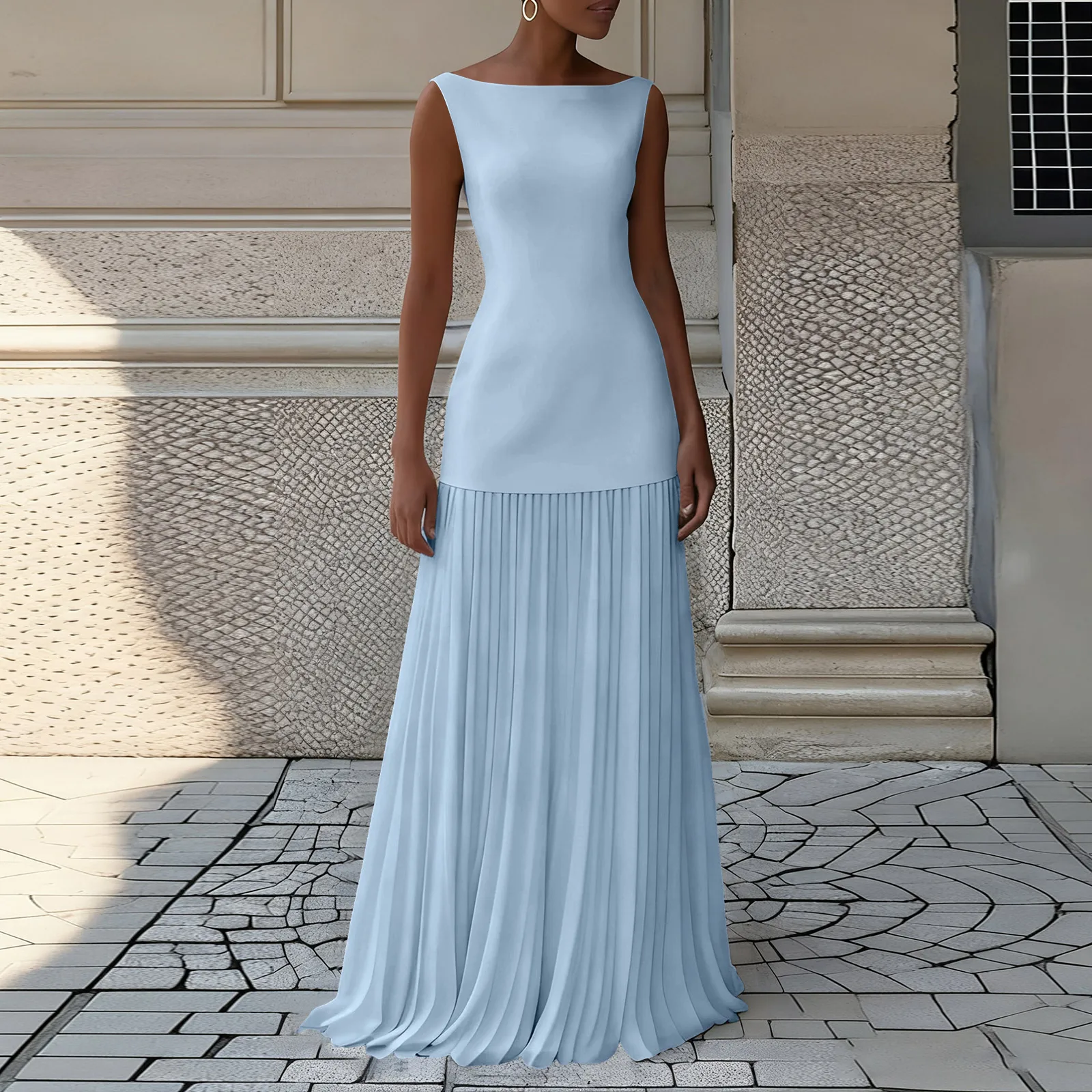Vrouwen Mouwloze Slash Hals Losse Solid Party 2025, Zomerjurken Vakantie A-lijn Gewaad Geplooid Patchwork Elegante Lange Jurk
