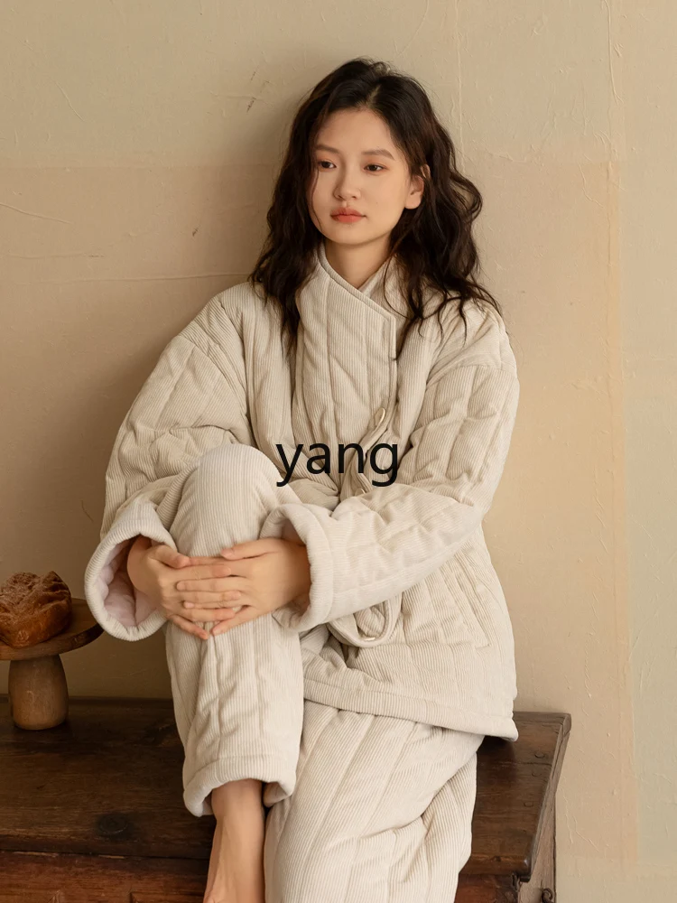LMM new three-layer padded Chinese coral fleece thickened loungewear set winter