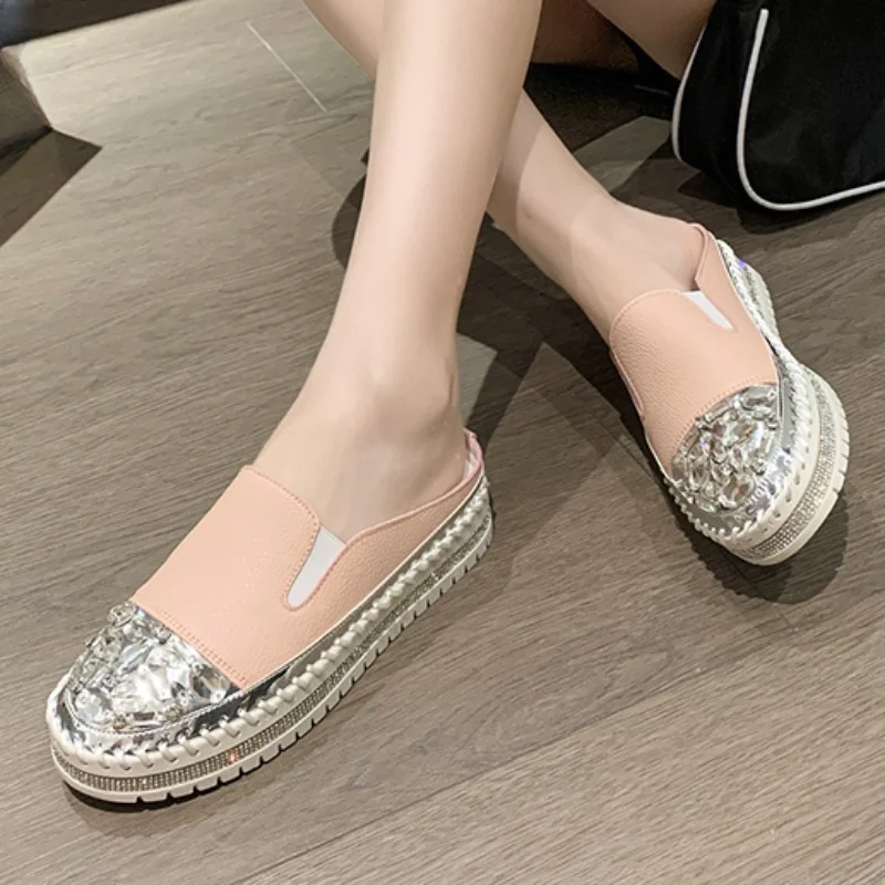 Shoes for Women 2023 Fashion Summer Women\'s Slippers Solid Color Rhinestone Sequins Closed Toe Flat Heel Water Proof Shoes Women