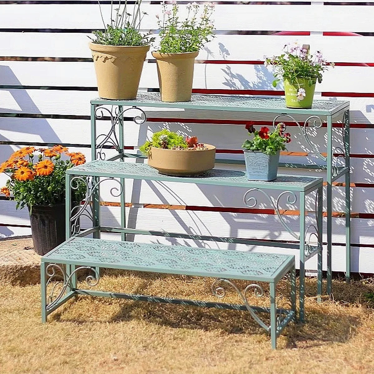 Blumenständer für den Innenhof, Eisenkunst-Garten-Terrassenregal, Mehrstöckiges Sukkulenten-Pflanzentopfregal, Freistehendes Balkon-Aufbewahrungsregal für Draußen