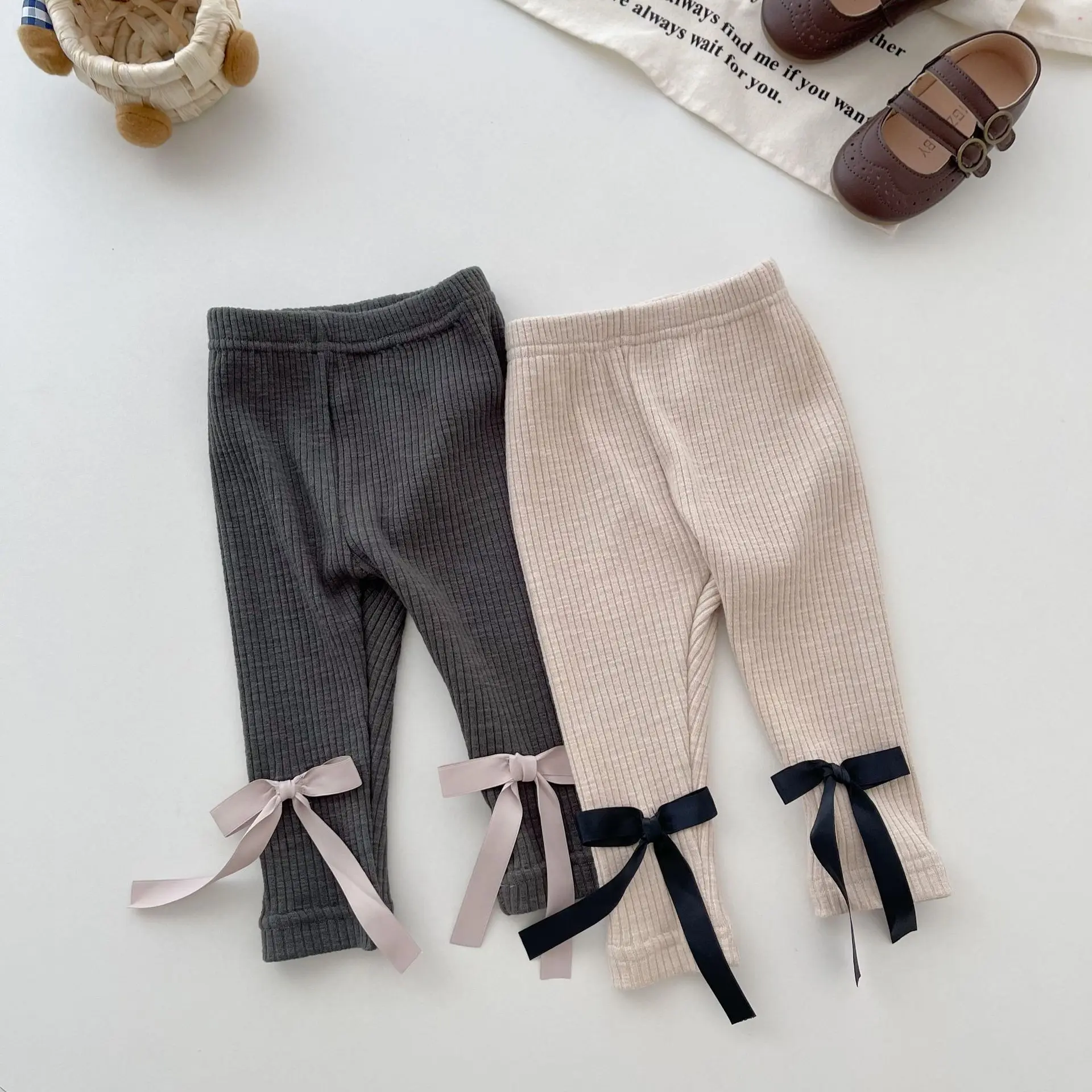 Miniainis Autumn Spring New Baby Cotton Bow-knot Pants Girls Pit Striped Leggings Kids Versatile Slim Fitting Trousers Clothes