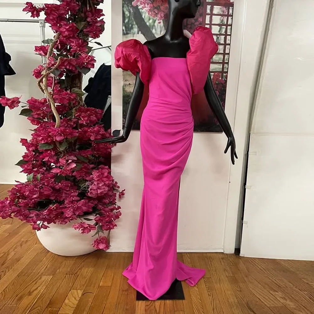 Real Image Fuchsia Stretchy Long Maxi Dresses To Formal Party Eye Catching Puff Short Sleeves Women Dress Maxi Gowns