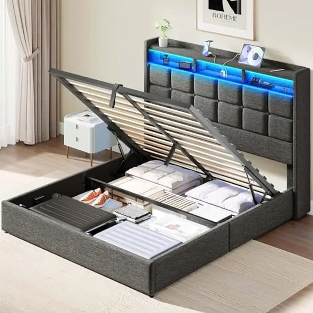 Full Size Bed Frame with Storage LED Lights Headboard and Charging Station Lift-Up Mechanism Modern Design Dark Grey 1000lb Max