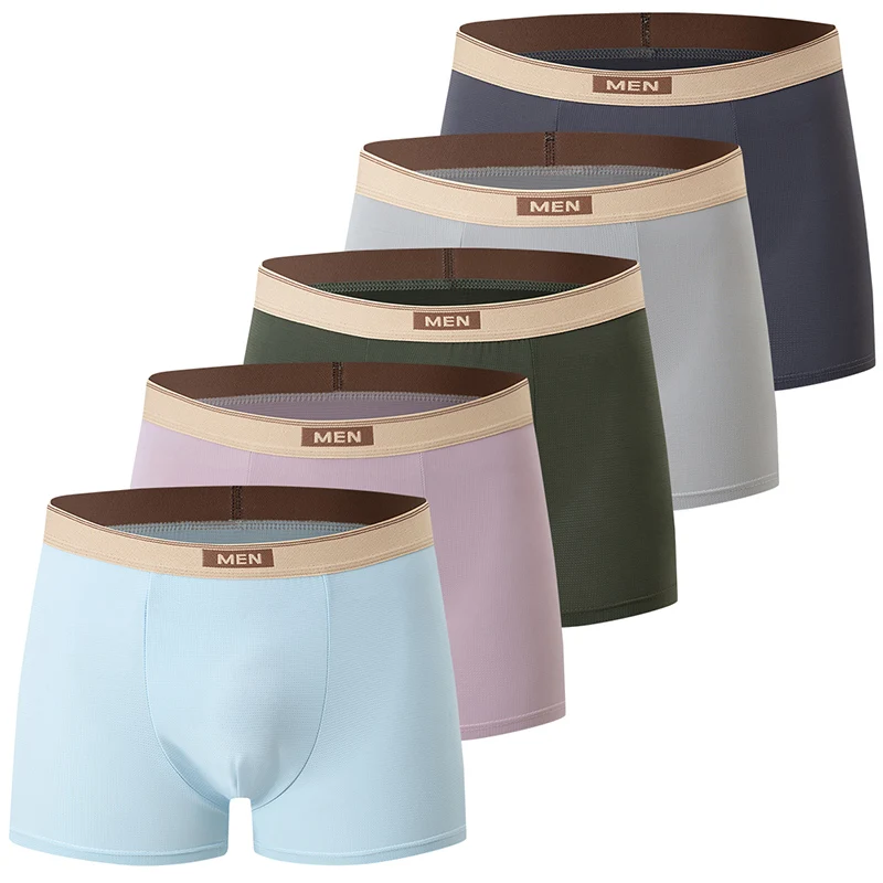 

5-piece Set Of Men's Solid Color Ice Silk Comfortable Boxer Shorts Basic Versatile US Size Youth Breathable Mesh Underwear Short