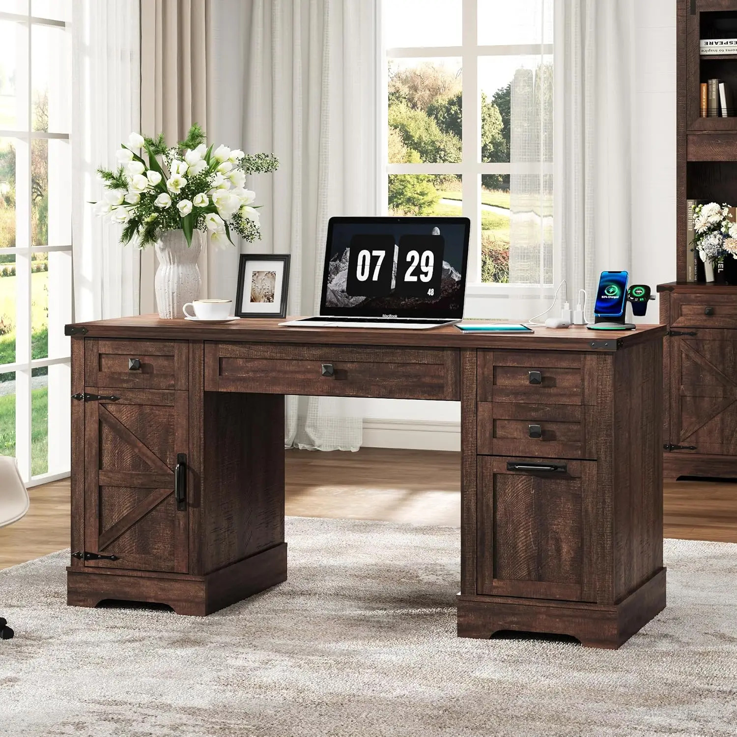 

58'' Farmhouse Home Office Desk with Drawers, Wooden Executive Desk with Charging Station,File Drawers and Storage Cabinet,Brown