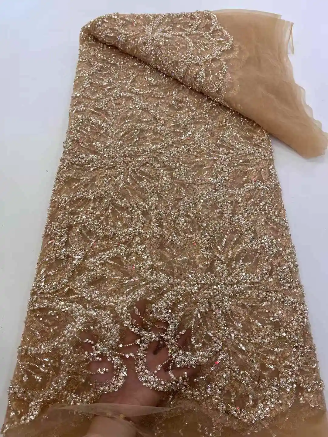 

Luxury African Beaded Tulle Lace Fabric 2025 High Quality Nigerian French Sequin Lace Fabric Sewn For Women's Party Dresses