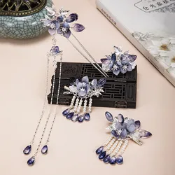 Blue Flower Hairpin Vintage Pearl Pendant Tiaras For Women Chinese Hanfu Hair Clip Fairy Cosplay Head Jewelry Retro Headpiece