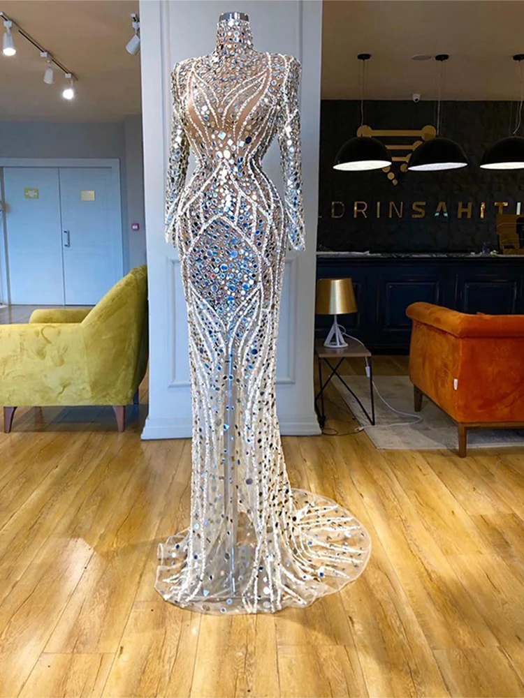 

Gorgeous Silver Mermaid Prom Dresses Sparkling Sequins Long Sleeves Floor-Length Formal Evening Gown Custom Vestidos De Gala