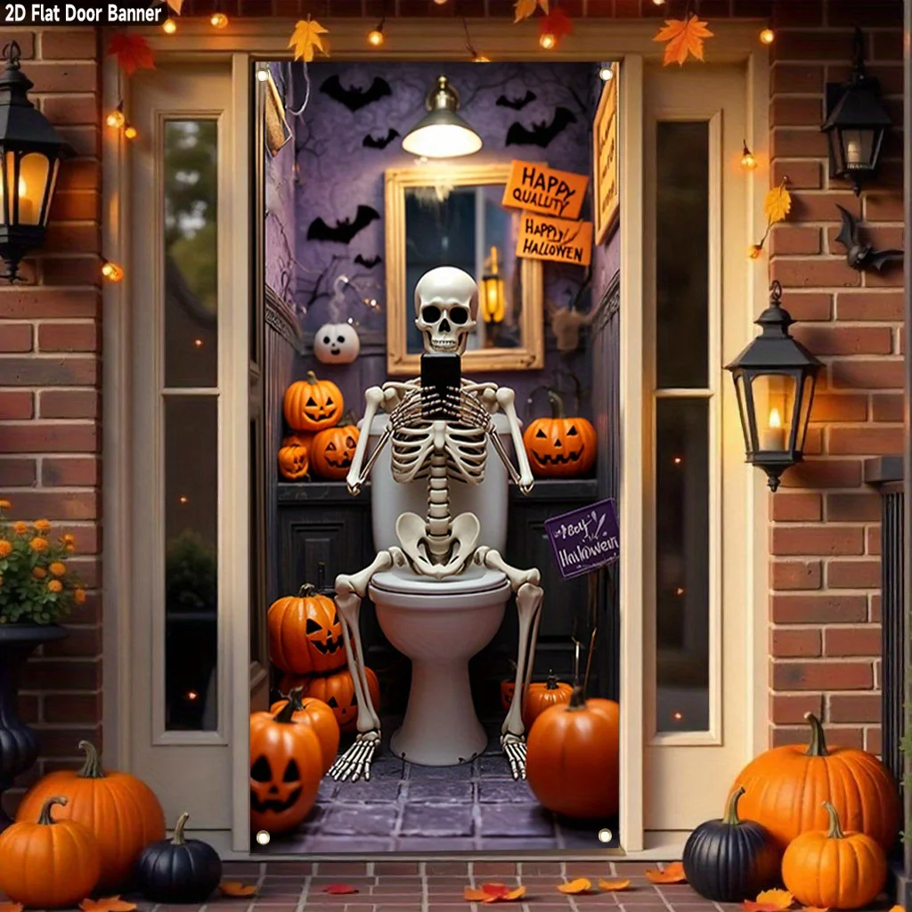 2D-Türbanner, 1 Stück supergroßes Halloween-Türbanner – äußere Badezimmerdekoration, ein Skelett sitzend auf der Toilette, Dekoration