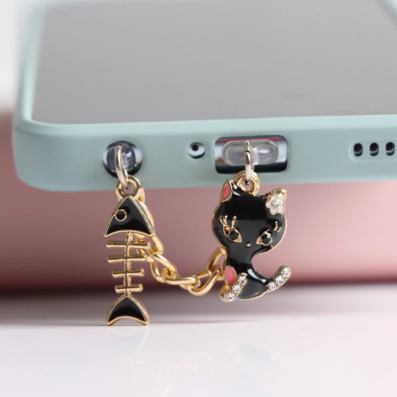 Rhinestone Cat Dust Plug Charm Phone Anti Dust Cap Kawaii Charge Port Plug For iPhone 3.5MM Jack Type C Dust Protection Stopper