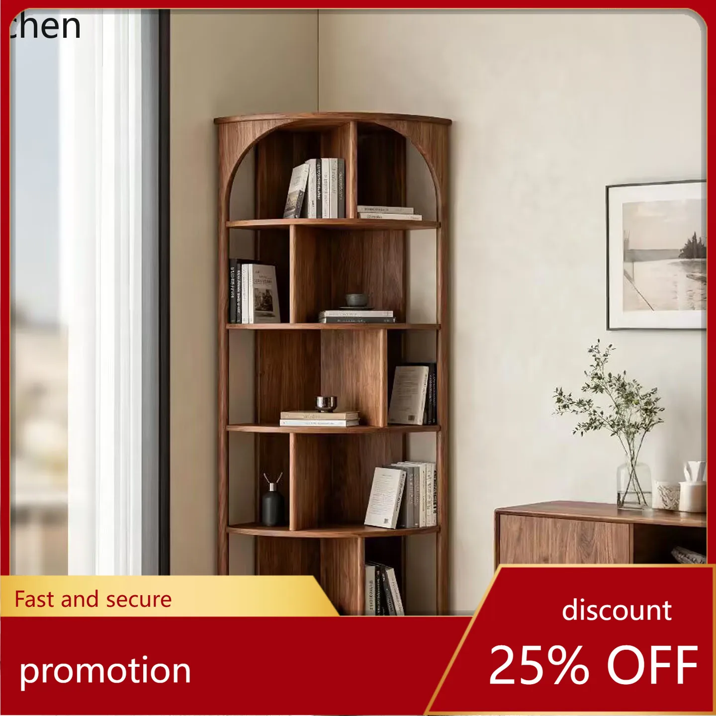 

ZML Black Walnut Bookshelf Minimalist Storage Rack Living Room Solid Wood Wall-Mounted Corner Bookcase