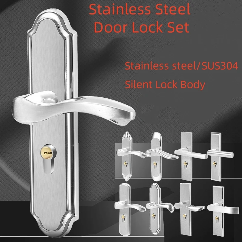 

304 Stainless Steel Door Lock Set Silent Interior Door Lever Handle for Bedroom Bathroom Press Handle Lock for Solid Wood Door